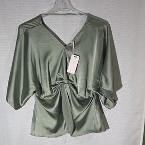 Anthropologie Pleione Womens XL Satin Twist Front Blouse Short Sleeve V-Neck